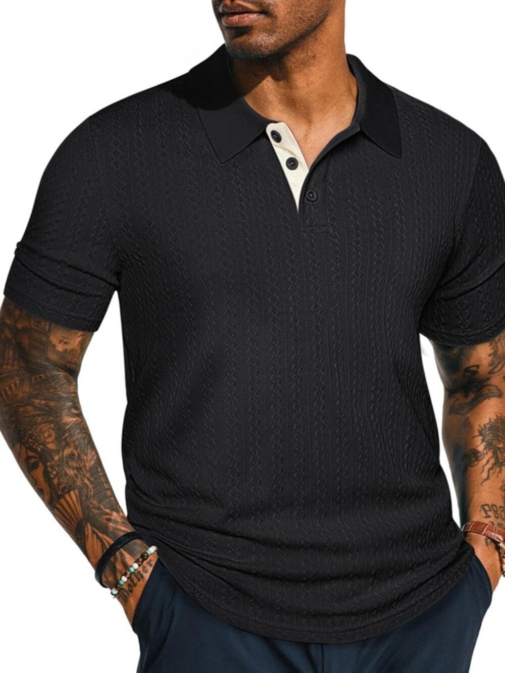 Men's Black Textured Short Sleeve Polo Top Casual Vintage Summer Shirt